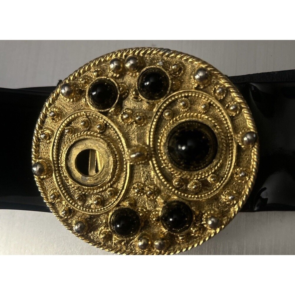Vintage Saks Fifth Avenue Wide Patent Leather Belt Gold Medallion Baroque 80s - Picture 6 of 8